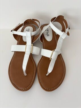 Sofft White T-Strap Sandals with Gold Buckle